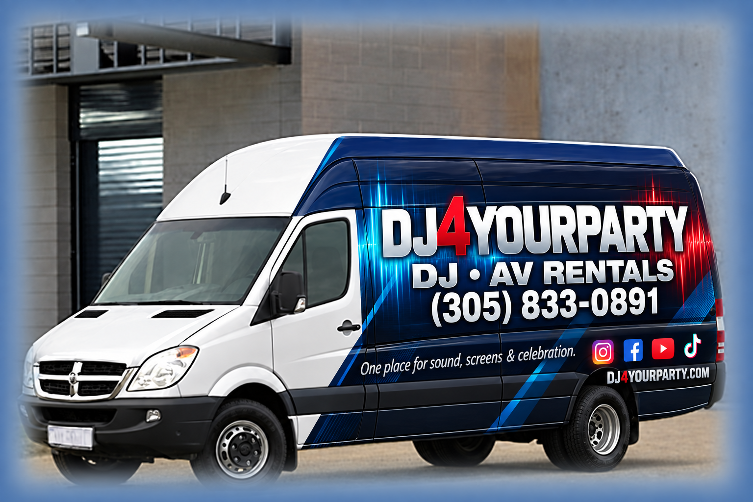 DJ4YourParty AV rental van wrap design with phone number and social media icons