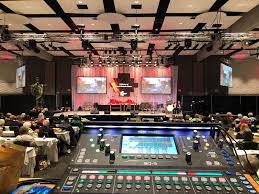 Live event sound control position facing a stage