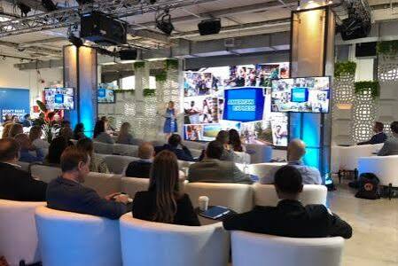 Conference presentation with several video displays